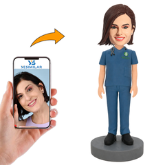 Operating Room Female Doctor in Navy Blue Scrubs with Stethoscope Custom Bobbleheads