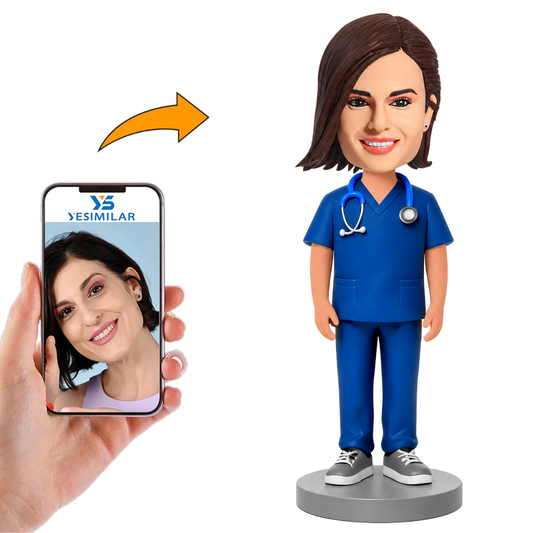 Operating Room Female Doctor in Blue Scrubs with Stethoscope Custom Bobbleheads
