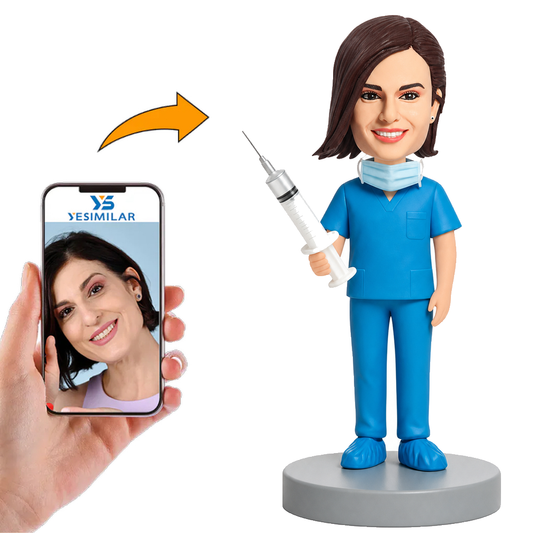 Operating Room Female Doctor in Blue Scrubs Holding a Syringe Custom Bobbleheads