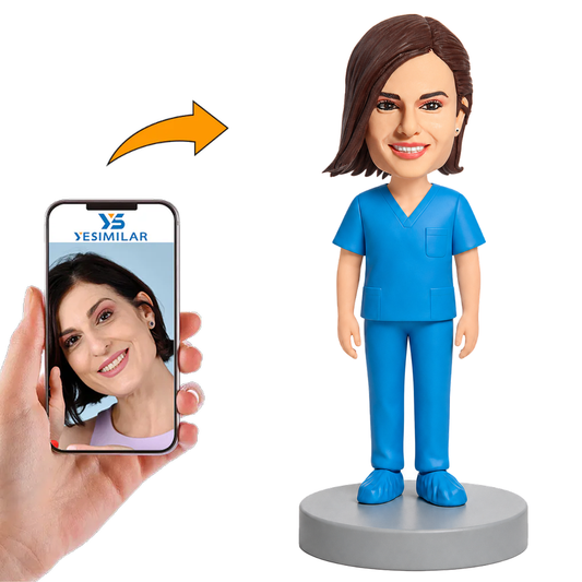 Operating Room Female Doctor in Blue Scrubs with Shoe Covers Custom Bobbleheads