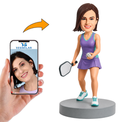 Female Pickleball Player in Purple Sports Dress Custom Bobbleheads
