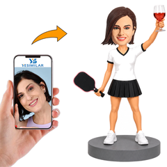 Female Pickleball Player Holding Wine Glass Custom Bobbleheads