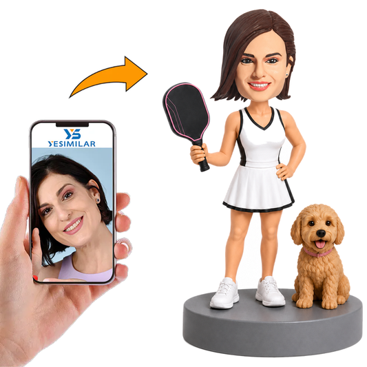 Custom Casual Female Pickleball Player with Puppy Bobblehead