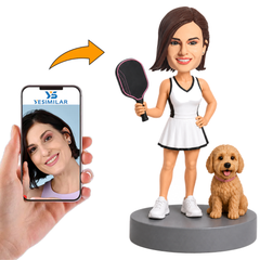 Casual Female Pickleball Player with Puppy Custom Bobbleheads