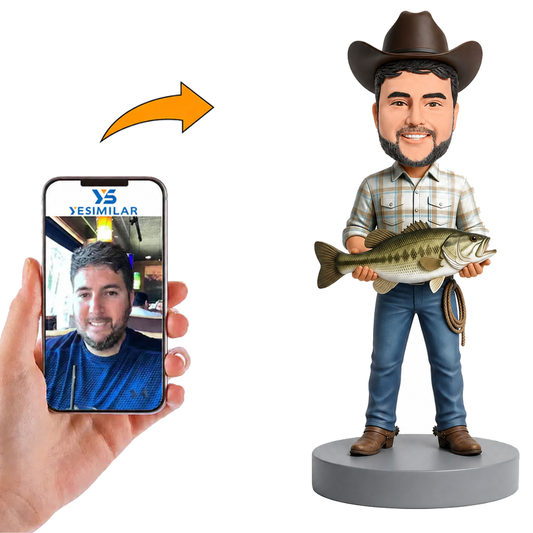 Male Cowboy Fisherman Holding Fish Custom Bobbleheads
