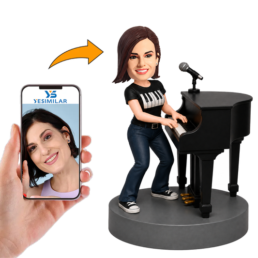 Female Pianist Playing Piano with Microphone Custom Bobbleheads