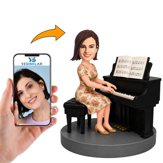 Female Pianist Playing Piano in Floral Dress Custom Bobbleheads