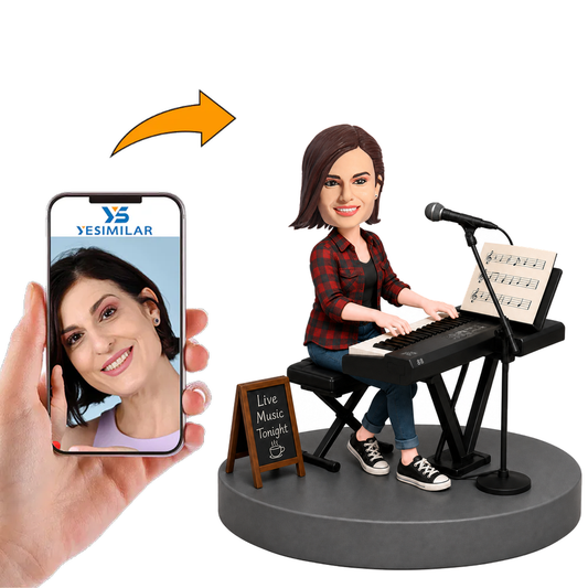 Female Keyboardist Performing with Microphone Custom Bobbleheads