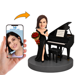 Female Pianist Standing with Roses Beside Grand Piano Custom Bobbleheads