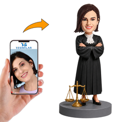 Female Lawyer Standing Beside Justice Scales Custom Bobbleheads