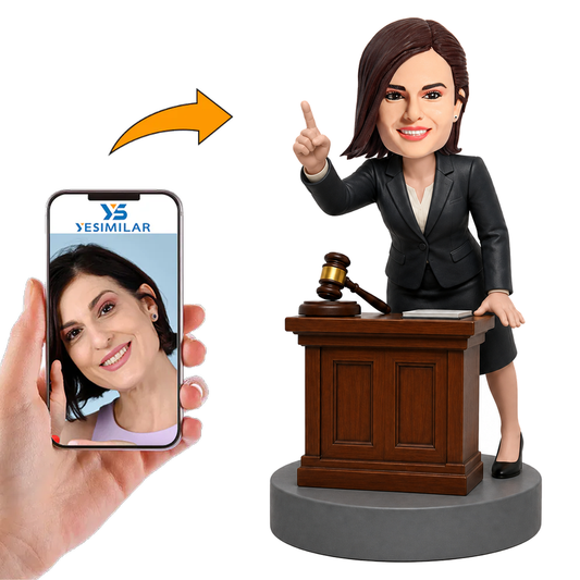 Female Lawyer Pointing at Court Desk with Gavel Custom Bobbleheads