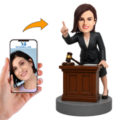 Female Lawyer Pointing at Court Desk with Gavel Custom Bobbleheads