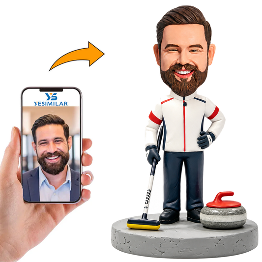 Male Curler Sweeping with Broom Custom Bobbleheads