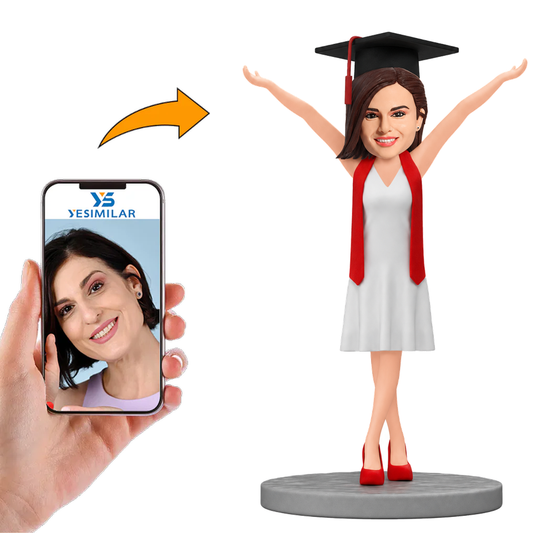 Custom Bobbleheads White Graduation Dress and Red Sash