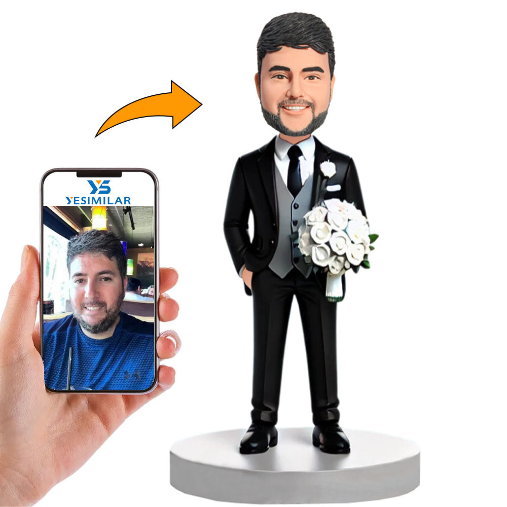Groom Holding Flowers Custom Bobbleheads Wedding Gifts Cake Topper
