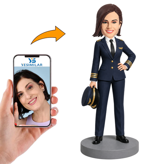 Female Airline Captain Holding Pilot Hat Custom Bobbleheads