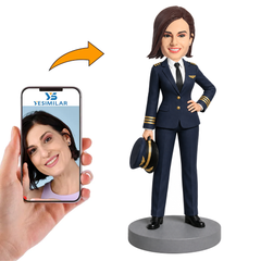 Female Airline Captain Holding Pilot Hat Custom Bobbleheads