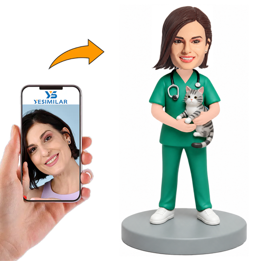 Female Veterinarian Wearing Surgical Scrubs Holding Cat Custom Bobbleheads