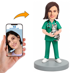 Female Veterinarian Wearing Surgical Scrubs Holding Cat Custom Bobbleheads