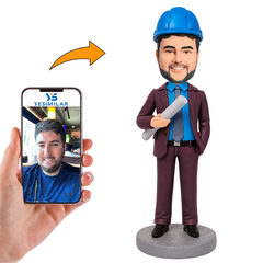 Engineer Holding Blueprints Custom Bobbleheads with Blue Safety Helmet