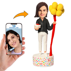Birthday Gifts Woman Holding Birthday Cake And Balloons Custom Bobbleheads