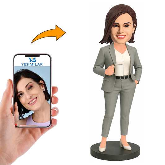Business Lady Holding Cup Custom Bobbleheads