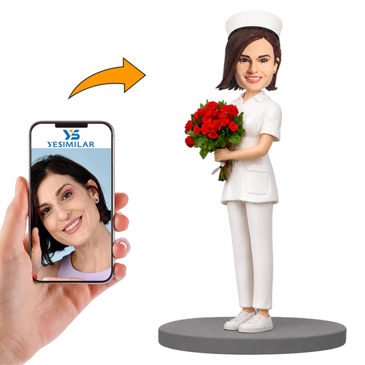 Female Nurse Holding Red Roses Custom Bobbleheads