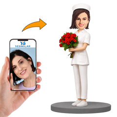 Female Nurse Holding Red Roses Custom Bobbleheads
