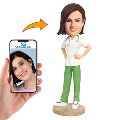 Female Nurse in Green Scrub Pants with Stethoscope Custom Bobbleheads