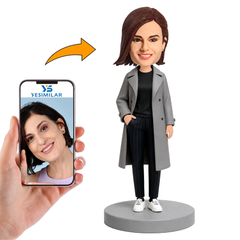 Woman in Gray Trench Coat Custom Bobbleheads