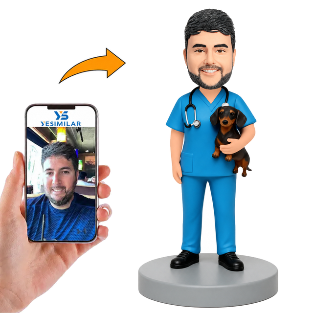 Custom Veterinarian in Surgical Gown with Dog Bobblehead
