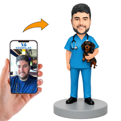 Veterinarian in Surgical Gown Holding Dog Custom Bobbleheads