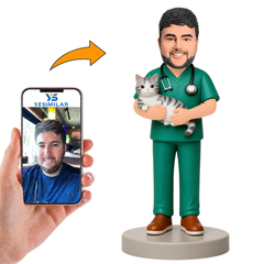 Male Veterinarian Wearing Surgical Scrubs Holding Cat Custom Bobbleheads
