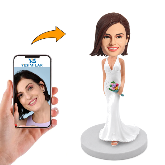 Custom White Gown Bridesmaid Bobblehead with Colorful Bouquet - Special Gift for Your Bridesmaids