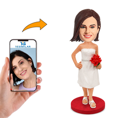 Custom White Dress Bridesmaid Bobblehead with Red Bouquet - Memorable Gift for Bridesmaids