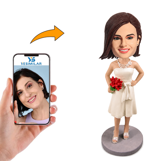 Custom Ivory Bridesmaid Bobblehead with Pearl Necklace and Red Bouquet - Personalized Gift for Your Bridesmaids