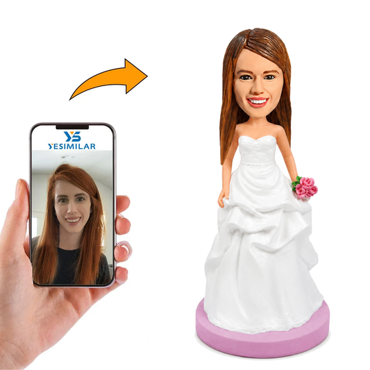 Custom Ruffled White Bridesmaid Bobblehead with Pink Flower Bouquet - Thoughtful Gift for Your Bridesmaids