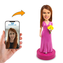 Custom Bright Pink Bridesmaid Bobblehead with Yellow Flower Bouquet - Unique Gift for Bridesmaids