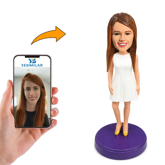 Custom White Short Dress Bridesmaid Bobblehead with Gold Heels - Personalized Keepsake for Bridesmaids