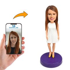 Custom White Short Dress Bridesmaid Bobblehead with Gold Heels - Personalized Keepsake for Bridesmaids