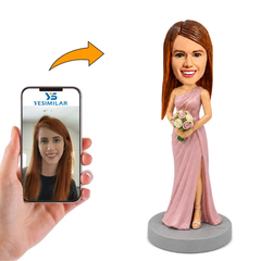 Custom Blush Pink Bridesmaid Bobblehead with Side Slit and Rose Bouquet - Personalized Gift for Bridesmaids