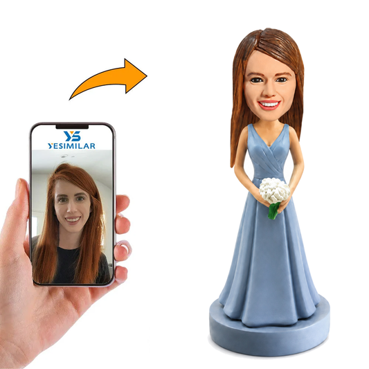 Custom Light Blue Wrap Dress Bridesmaid Bobblehead with White Bouquet - Wedding Keepsake for Your Bridesmaids