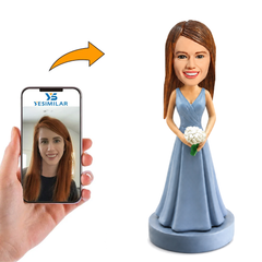 Custom Light Blue Wrap Dress Bridesmaid Bobblehead with White Bouquet - Wedding Keepsake for Your Bridesmaids
