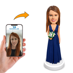 Custom Navy Blue Bridesmaid Bobblehead with Deep V-Neck and White Bouquet - Thank-You Gift for Your Bridesmaids
