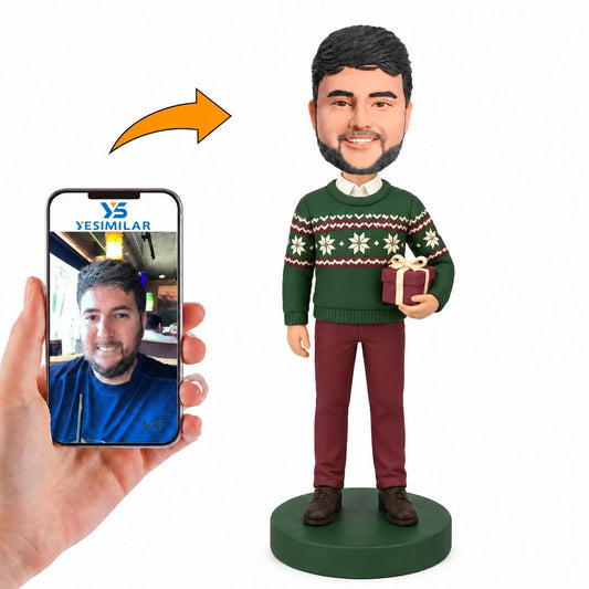 Custom Male Christmas Sweater Gift Box Bobblehead