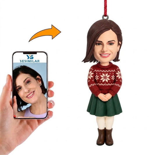 Custom Female Christmas Sweater Skirt Bobblehead Ornament