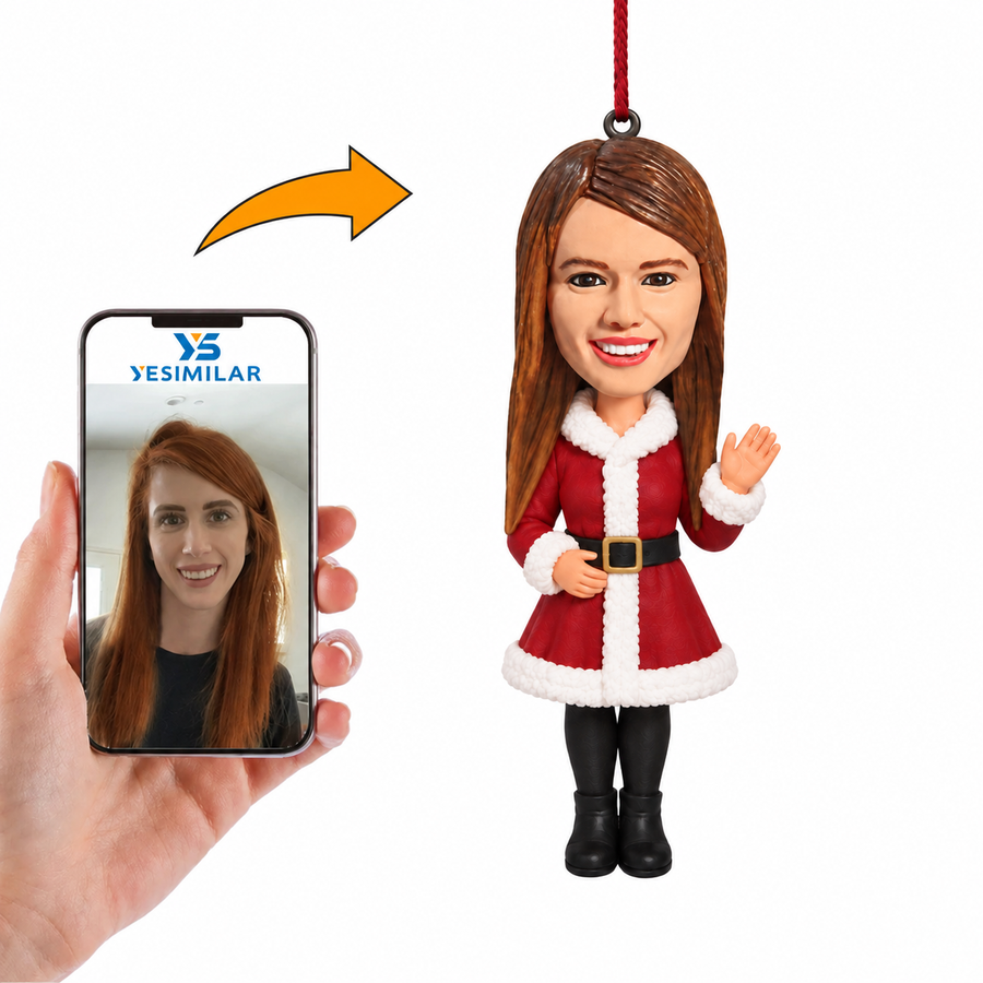 Custom Female Santa Waving Christmas Bobblehead Ornament