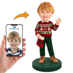 Custom Boy Waving with Christmas Stocking Bobblehead