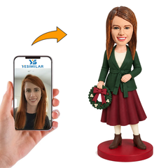 Custom Female Holding Christmas Wreath Bobblehead