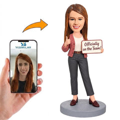 Custom Female Officially on the Team Sign Bobblehead